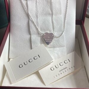 NEW GUCCI Engraved Heart Trademark Necklace - Silver with Pouch & Box